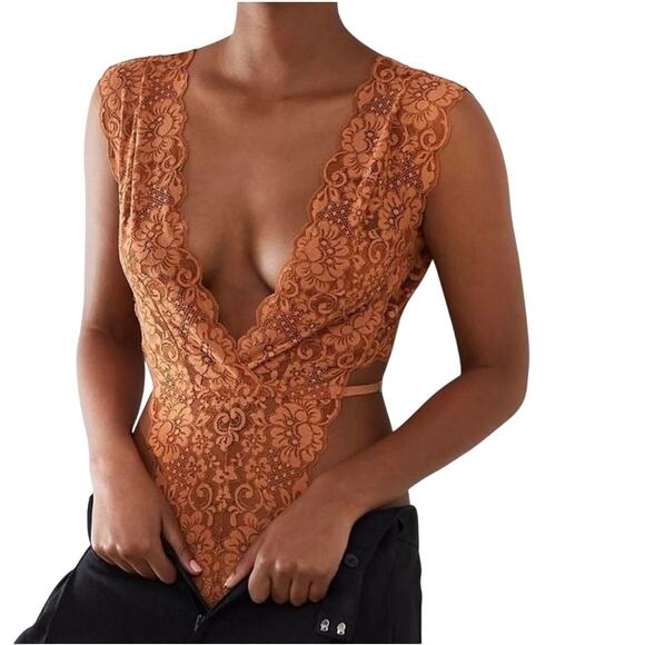 We are Hah Free People Tops - We Are HAH Free People Cut To The Chase Lace Bodysuit Brown Sugar XS New
